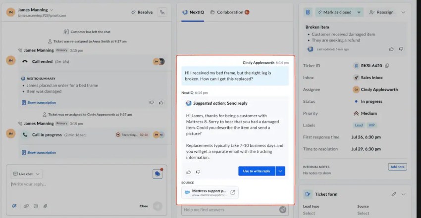 Inbound AI - suggested action, send reply