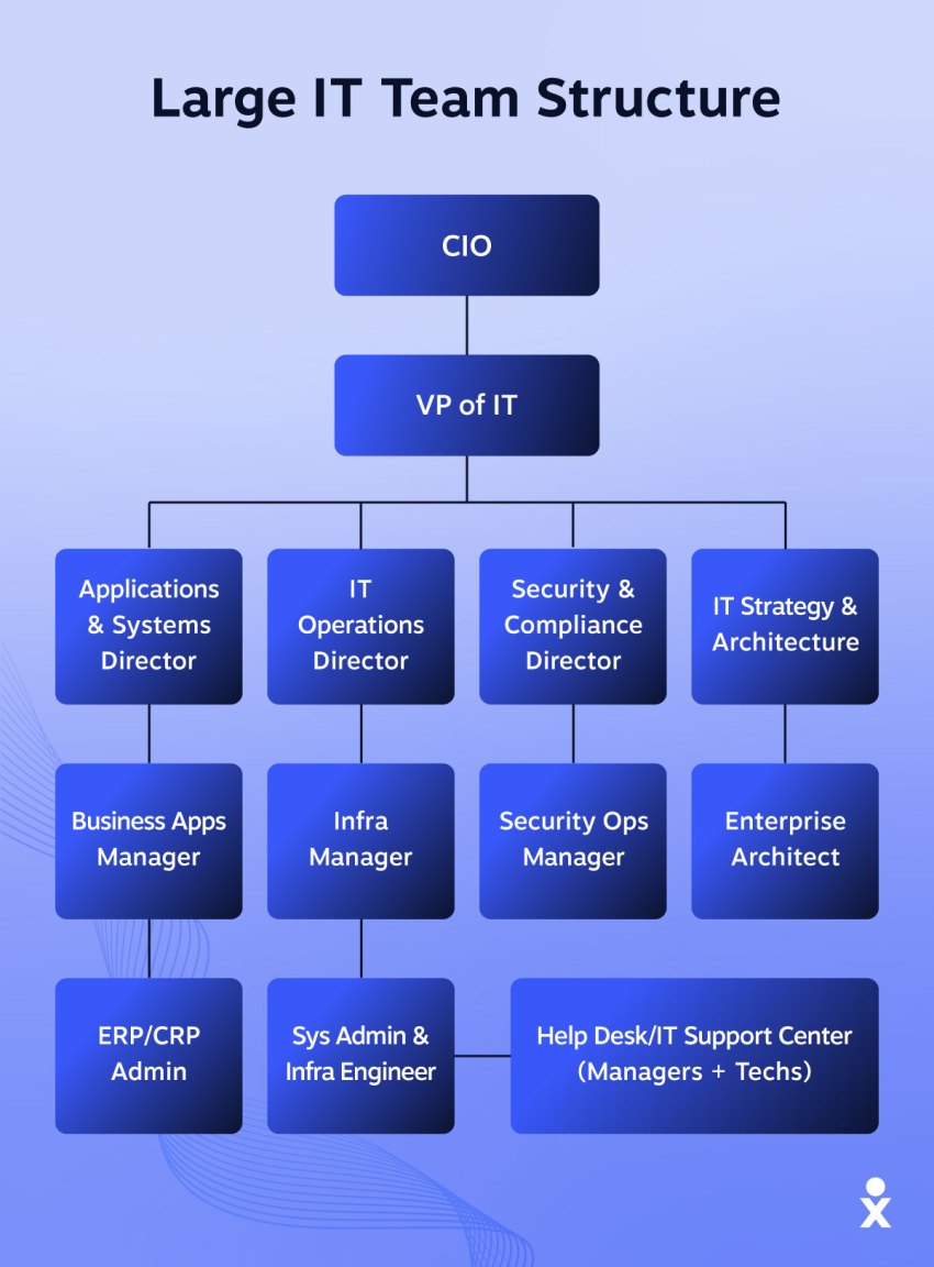 Functional organizational chart of a large IT team, starting with the CIO, followed by the VP of IT and other roles.