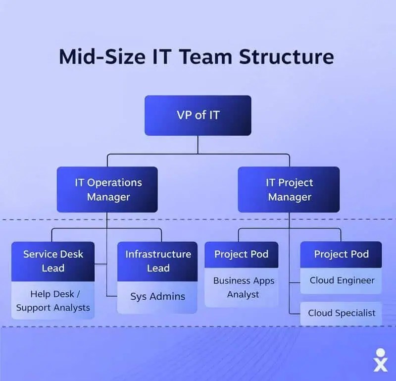 Hybrid organizational chart of a mid-sized IT team, starting with the VP of IT, IT Operations Manager, IT Project Manager, and other roles.