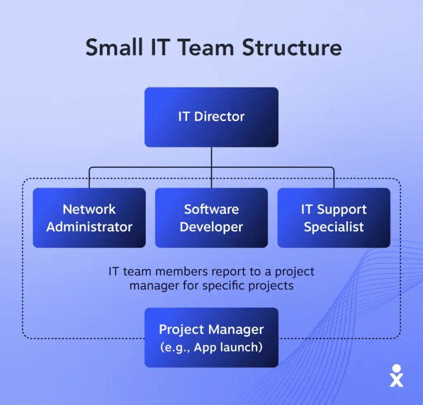 A small IT team structure based on the matrix model, showing how team members report to both the IT Director as well as the Product Manager for specific projects.