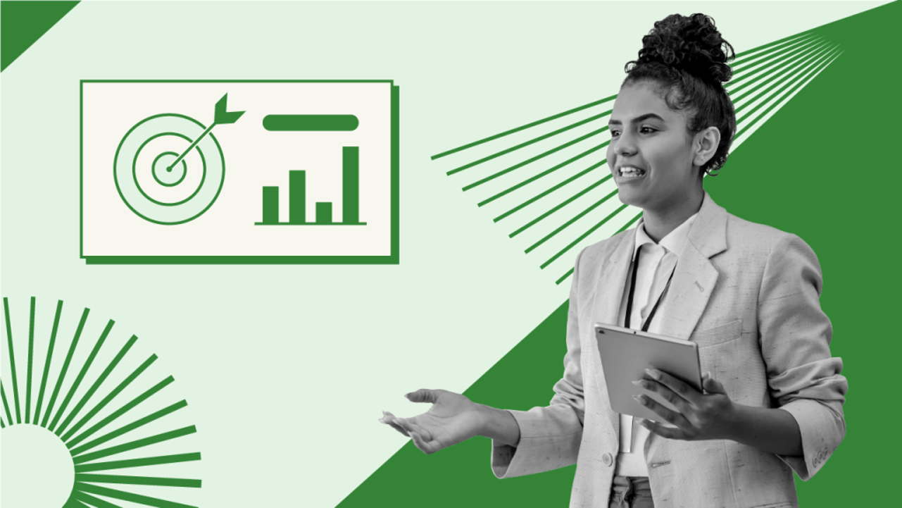 A woman holds a tablet while explaining customer service metrics.