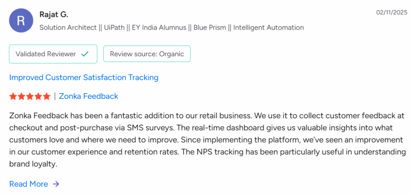 5-star G2 review of Zonka Feedback