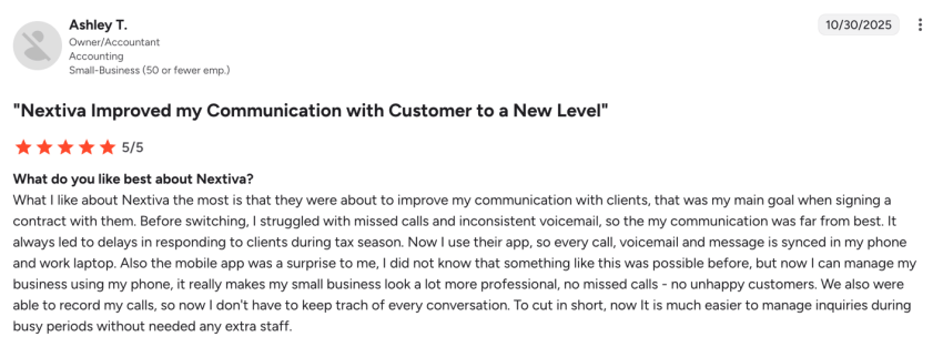 5-star G2 review of Nextiva