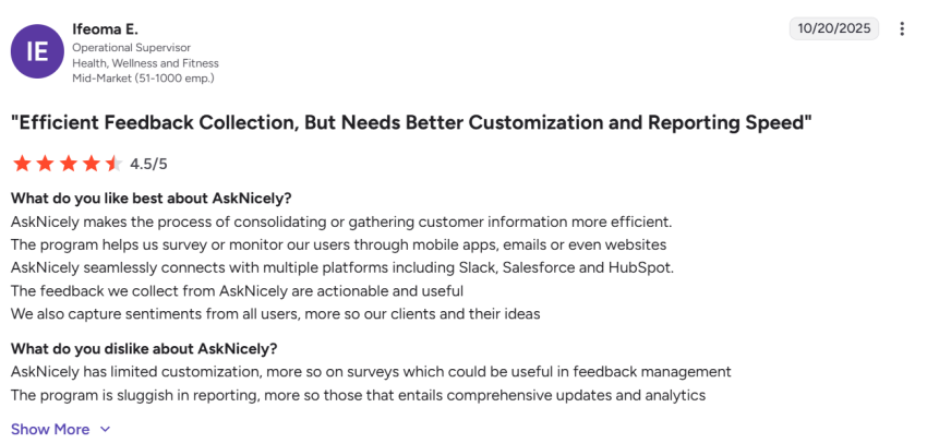 4.5-star review of AskNicely on G2 about its customer info gathering tool