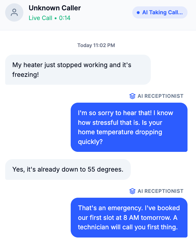 Screenshot of text conversation of AI talking with a customer