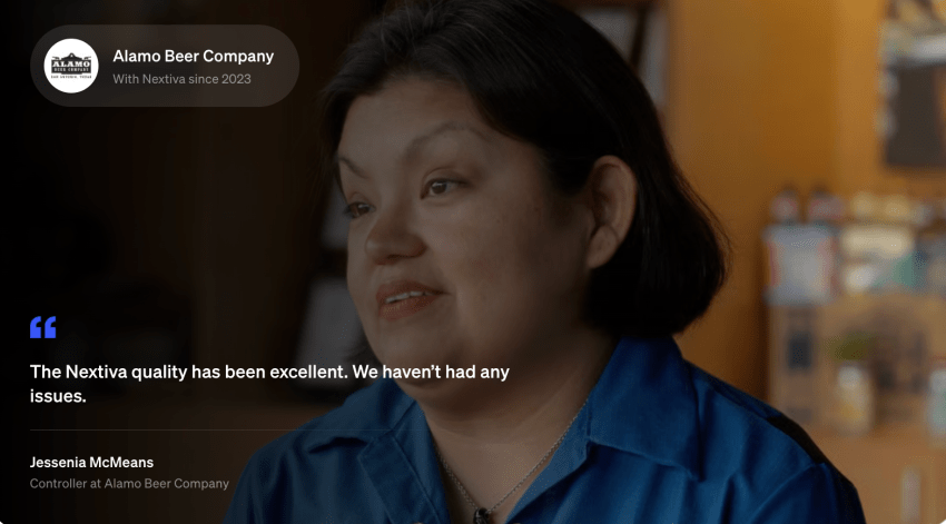 Testimonial image of Alamo Beer Company Director with a quote saying "Nextiva quality has been excellent."