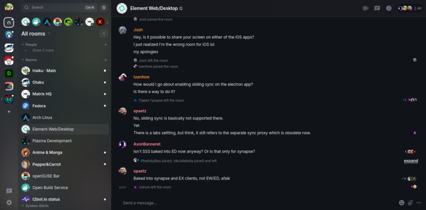 Screenshot of Element.io interface
